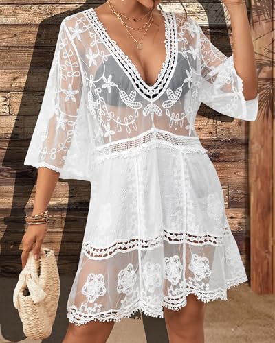 Bsubseach Women Lace Swimsuit Cover Up Bathing Suit Coverups V-Neck Swimwear Beach Vacation Dress2