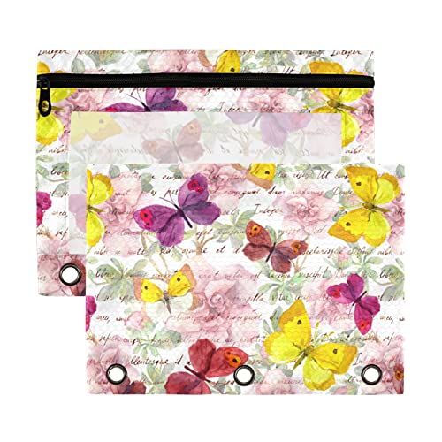 Butterfly and Handwritter - Estuche para lápices de 3 anillos, 2 unidades, transparente, impermeable, de plástico, con cremallera, organizador de documentos de oficina