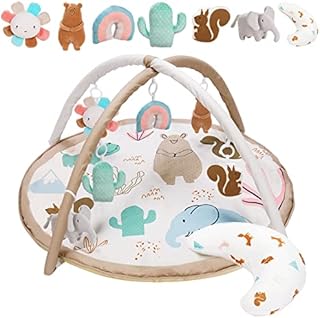 Washable Baby Gym Activity Center with Animal Play Mat, Visual, Hearing, Touch, Cognitive Early Development Playmats, 6 Toys for Infant & Toddler, Larger, Non Slip