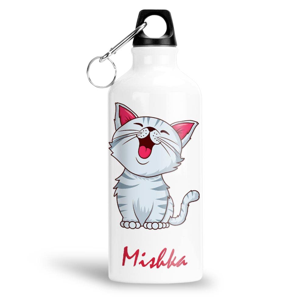 FurnishFantasy Cute Cat Personalised Aluminium 750ml Water Bottle for Kids - Best Birthday Gift for Son, Daughter, Brother, Sister, Return Gift for kids - Color - White, Name - Mishka
