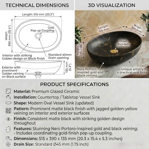Image of BASSINO 20x16x5 Inches Ceramic Table Top Wash Basin /Designer Bathroom Sink /Luxury Countertop Vessel Basin /Oval Above Counter Basin /Wash Basin for Bathroom /Dining Hall /Vanity Sink(Matt Black Marble)