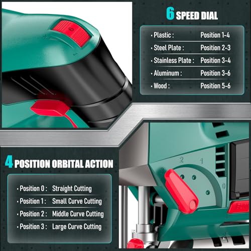 HYCHIKA 6.7A 800W Corded Jig Saw, Jigsaw Tool Power Jig Saws,6‑Speed Up to 3000 SPM, 4 Orbital Settings, Laser Guide, ±45° Bevel Cutting, Tool‑Free Blade Change, 6 Blades for Wood Metal Plastic - image 4