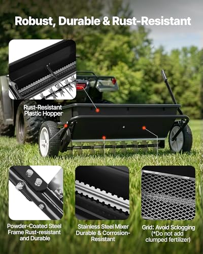 Image of VEVOR Tow Behind Lawn Spreader with Aeration Spikes, 32 in Spreading Width, Broadcast Spreader with Universal Hitch, Garden Seeder & Soil Aerator with 100lbs Capacity & 10 in Tires for ATVs UTVs
