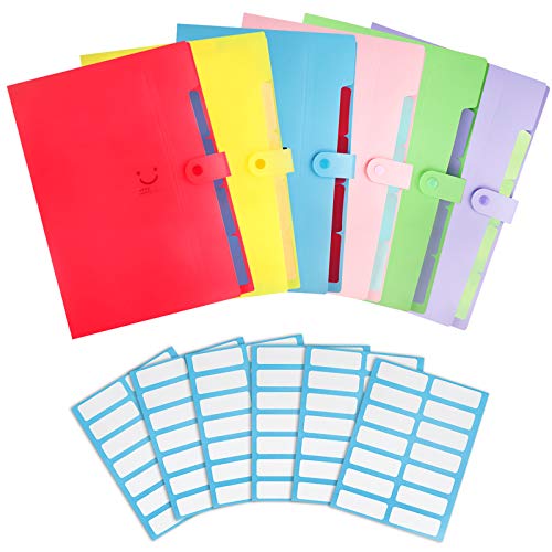 Heqishun 6 Pack Expanding File Folder 5 Pocket with 168pcs File Folder Labels, Plastic Organizer A4 Letter Size Expandable File Folder for School