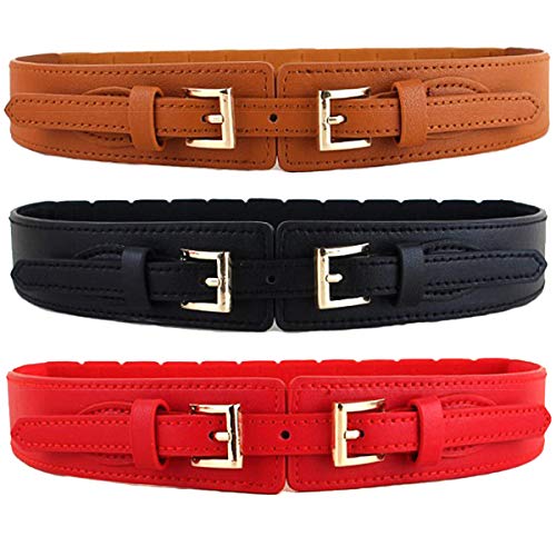 Worry-Free Women's Double Buckle Faux Leather Elastic Corset Waist Belt for Dress2