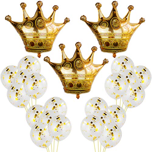 3Pcs Crown Balloons with 20Pcs Gold Confetti Balloons,Crown Foil Helium Balloons for Birthday