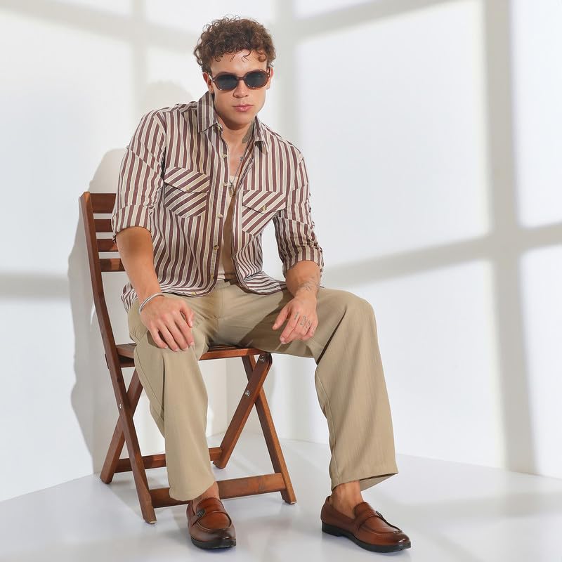 Image of CAHOOT Men's Multitrack Striped Oversized Shirt for Casual Wear | Spread Collar | Long Sleeve | Button Closure | Oversized Shirt Crafted with Comfort Fit for Everyday Wear
