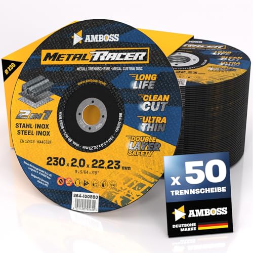 50x Metall-Trennscheibe Ø 230 x 2 x 22.23mm - Die Metalltrennscheibe Metal Racer by AMBOSS WERKZEUGE ist geeignet für Stahl & Edelstahl, Stahl/Inox Trennscheibe 230 passend für Winkelschleifer