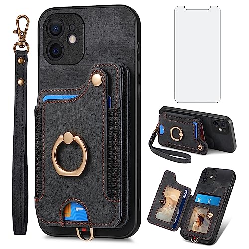 Étui iPhone 12 Pro 6.1 avec protège-écran verre trempé et porte-carte RFID noir