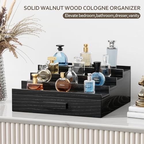 Image of Solid Walnut Cologne Organizer for Men, 4 Tier Cologne Stand, Wooden Cologne Holder Display Shelf with Drawer Storage and Hidden Compartment, Black Perfume Stand Organizer, Gifts for Men