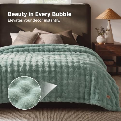 Image of Bedsure GentleSoft Bubble Faux Fur King Size Blanket for Bed, Fluffy Fuzzy King Blanket for Winter, Soft Cozy Faux Fur Bedding Thick Warm Plush Decor for Bedroom, Sage Green, 104x90