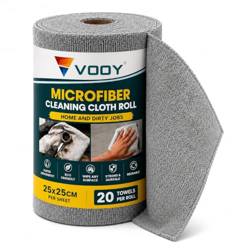 Image of VOOY Microfiber Cleaning Cloth Roll | 20 Reusable Tear-Off Sheets (25 x 25 cm) | Ultra Absorbent, Lint-Free, Scratch-Free Multipurpose Cleaning Cloth | Kitchen, Glass, Car, Mirror&Home Cleaning | Grey