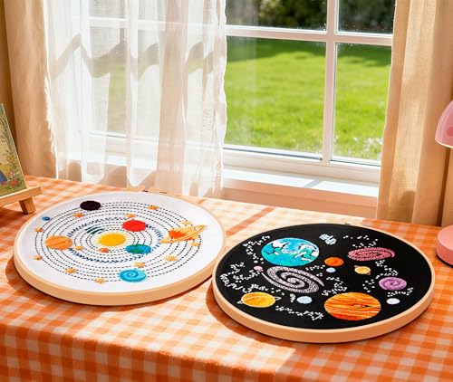 Image of Armindou Embroidery Kit for Adults Beginners, Hand Embroidery Starter Kit with Solar System Patterns, Counted Stamped Cross Stitch Needlepoint Kit for Beginner Adult, 2 Set Embroidery Supplies /Hoop