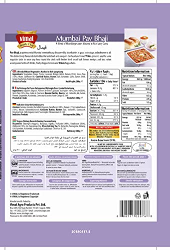 Image of VIMAL Ready to Eat Mumbai Pav Bhaji Instant Mix Vegetarian with No Added Preservative and Colours - 300g(Pack of 1)