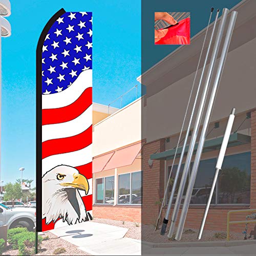 USA AMERICAN PATRIOTIC (Eagle) Flutter Feather Flag Bundle (11.5' Tall Flag, 15' Tall Flagpole, Ground Mount Stake)