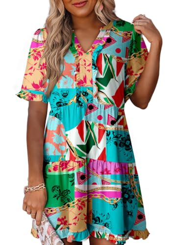 Image of Dokotoo Womens Summer Dresses 2026 V Neck A Line Short Sleeve Casual Ruffle Babydoll Mini Dress