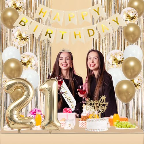 Image of Trgowaul 21st Birthday Decorations for her, Champagne Gold Happy 21st Birthday Supplies for Girls, 21 Sash and Crown, Banner, Fringe Curtains, Cake Topper, 21 Year Old Party Supplies Set