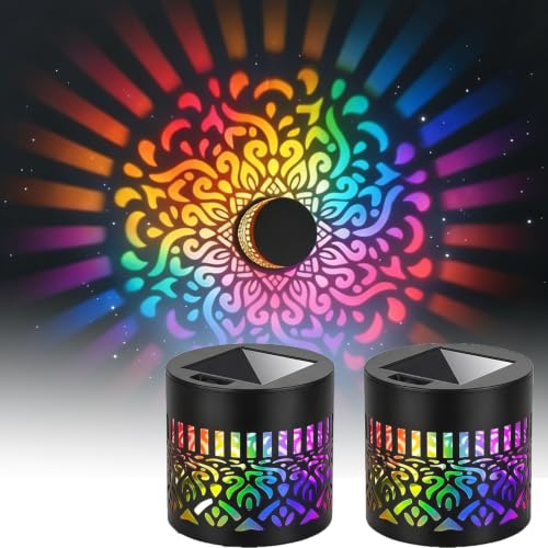 2Pack Solar Mandala Lights Outdoor Wall Seven-Color Changing Solar Mandala Projector Light Waterproof Decorative Solar Powered Fence Lights for Yard Garden Patio Decor