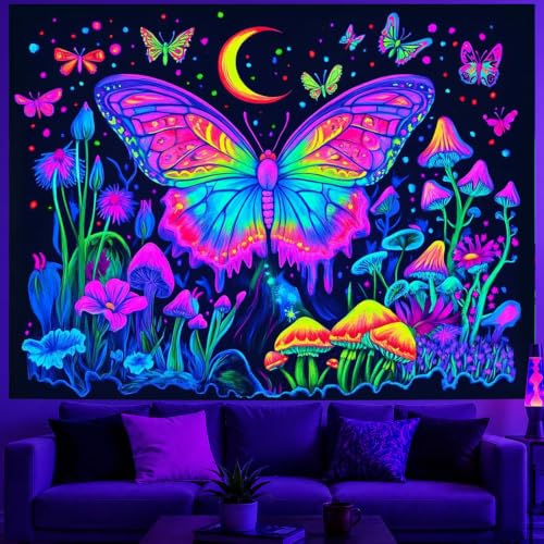 Image of BlissYard Neon Blacklight Tapestry Banner 79x59 Inch Butterfly Mushroom Moon Neon Tapestry Celestial Garden Aesthetic Bohemian Reactive Decor Decration Glow In The Dark Banners Decration Black Light Tapestries
