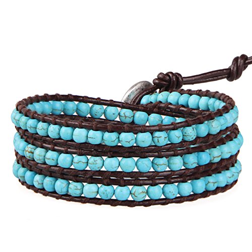 Image of KELITCH Turquoise Beads Bracelets Leather 3 Wrap Bracelet Handmade Women Heart Jewelry
