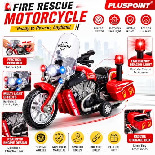 Image of PLUSPOINT Fire Rescue Bike Toy for Kids | Friction Powered Push & Go Fire Motorcycle with Lights & Music | Emergency Rescue Vehicle Simulation Toy for Boys & Girls Age 3-6 Years