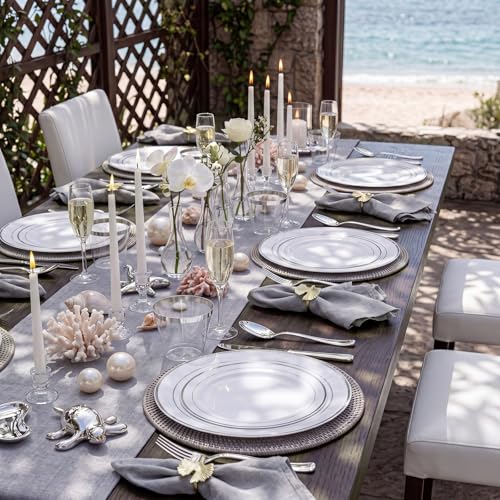 Image of WDF 120PCS Plastic Plates White Silver Rim - Disposable Plates including 60PCS for Dinner 10.25inch, 60 Salad /Dessert Plates 7.5inch Heavy Duty Wedding Party Birthday