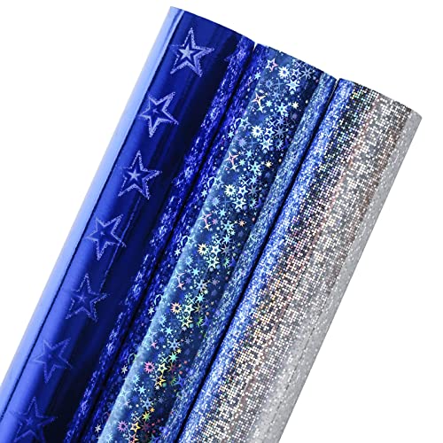 LeZakaa Holographic Foil Wrapping Paper - Mini Roll - Navy/Blue/Silvert for Birthday Wedding Shower Holiday - 17 x 120 inches - 3 Rolls (42.5 sq.ft.ttl.)