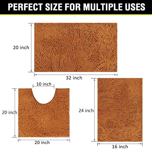 Image of Bathroom Rugs Chenille 3-Piece Extra Soft and Absorbent Shag Bathroom Rugs, Machine Wash Mat, Strong PVC Non-Slip Underside, Plush Carpet Mats (Champagne)