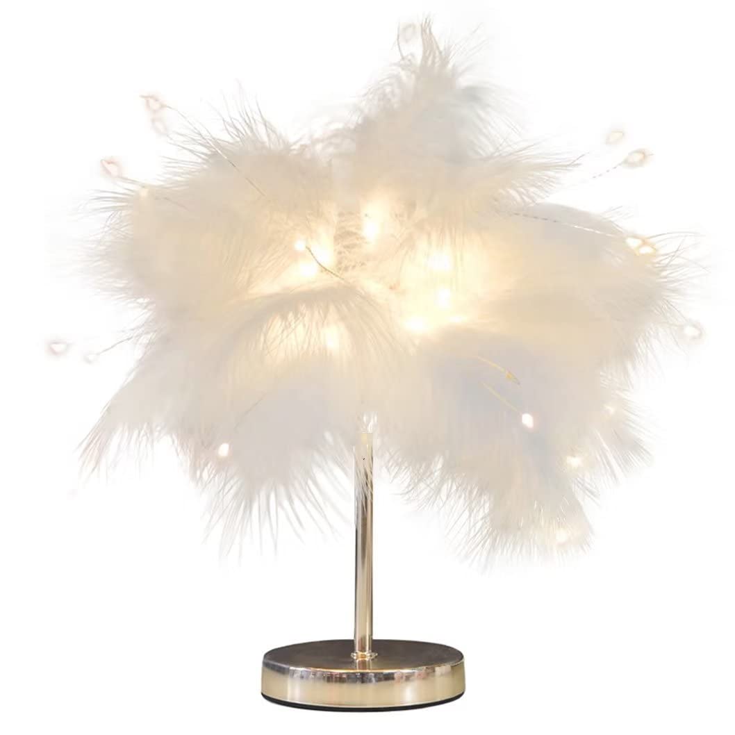 DUNMW Creative Mini Feather Table Lamp with Firework LED Beads, White Feather, Gold Base, Energy Efficient, Touch Control, Bedroom, Living Room