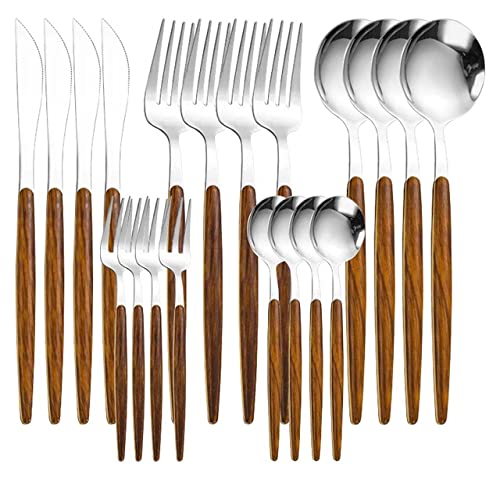 Silberbesteck-Set, 20/30-Teilig, Für Küchengeräte, Spülmaschinenfest, Mit Holzgriffen, Für Abendessen, Dessert, Kaffee Und Mittagessen, 20-Teilig