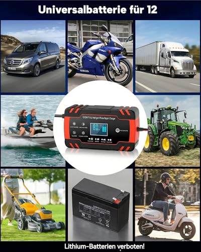 8A Autobatterie Ladegerät 12V/24V, KFZ Batterieladegerät Intelligentes Erhaltungsladegerät mit Temperaturkompensation, Vollautomatisches Motorrad Ladegerät für Auto, LKW, Rasenmäher oder Boot