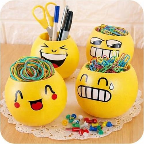 Image of Amazon Brand - Cute Smiley Face Flower Pot Planter for Home & Office Desk | Plastic Yellow Plant Pot for Indoor Plants, Balcony & Garden Decor | Multipurpose Holder for Stationery | Pack of 8