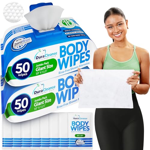 Dura Cleanse Body Wipes for Adults Bathing - (2 Pack) 100 XL No Rinse Bath Wipes + 8 Travel Shower Sheets - 10 x 11.5' Extra Thick Disposable Washcloths for Elderly Incontinence & Camping Essentials