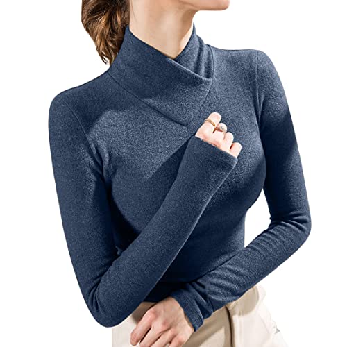Trendy Cross Mock Neck Double-Side Fleece Warm Women Underwear Top Bottom Shirt (2XL, Dark Blue)