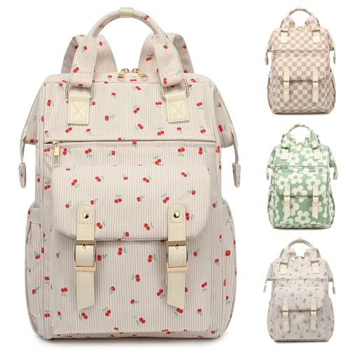 Image of Corduroy Laptop Backpack for Women 15.6 Inch Stylish College School Bookbag, Business Work & Travel Computer Backpacks (Cherry Beige)