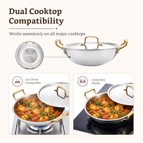 Image of Amazon Brand - Solimo Premium Triply Stainless Steel Kadhai 22cm (1.8L) | SS Lid | Even Heating | Gas & Induction Compatible | Dishwasher Safe | Food Safe SS 304 | Elegant Golden Handles | BIS Certified