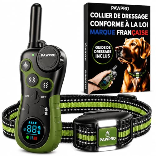 PAWPRO Collier de Dressage, Conforme Nouvelle Loi Bien Être Animal, Portée XXL 3km, Mode Lumière Nocturne, Guide de Dressage Inclus, BIP Vibration Boost,...