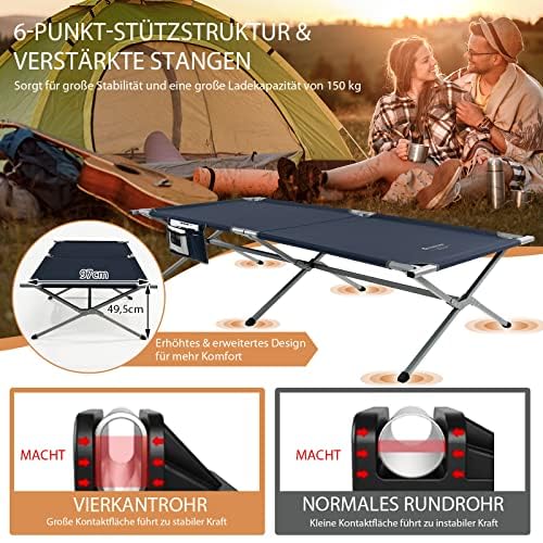 Generisch FANTASK Feldbett Klappbar XXL, 214,5 x 106 cm, Campingbett mit Seitentasche, tragbares Campingliege bis 150 kg belastbar, inkl. Tragetasche, Klappbett für Camping, Strand (Blau)