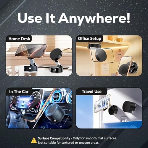 Image of Humble Vacuum Magnetic Phone Holder for Car | 360 Adjustable Suction Cup Mount for MagSafe & All Smartphones | Strong Foldable Mobile Holder for Car /Gym /Mirror /Kitchen - Black (MH03)