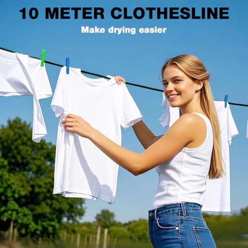 Image of HASTHIP 10m Clothes Drying Rope - Heavy Duty Polyester Cloth Rope for Drying Clothes with Hook 8mm Steel Core Clotheslines Wire Cloth Dry Ropes Wire, Black