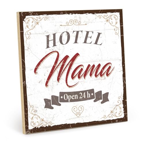 TypeStoff Holzschild mit Spruch – HOTEL MAMA – im Vintage-Look mit Zitat als Geschenk und Dekoration - HS-00575