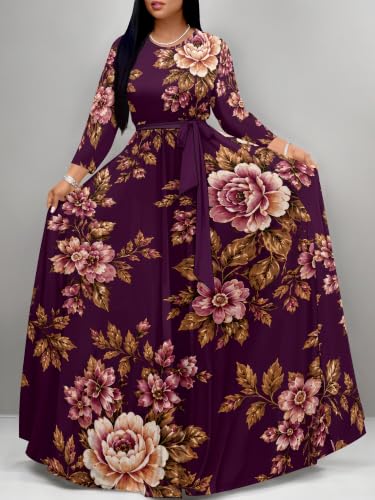 Image of Women Plus Size Long Sleeve V Neck Maxi Dress with Belt | Soft fabric relaxed fit three quarter sleeve v neck with pockets for party and daily wear