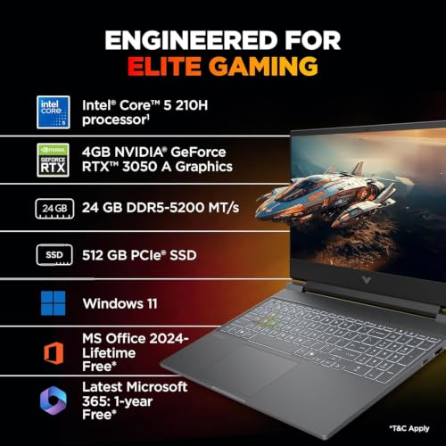 Image of HP Victus Gaming Laptop, Intel Core 5 210H, 4GB RTX 3050 A (24GB DDR5, 512GB SSD) FHD, 144Hz, 300 nits, IPS, 15.6'' /39.6 cm, Win11, M365* Office24, Mica Silver, 2.29kg, fa2500TX, Backlit,