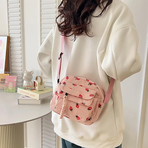 Bolso rosa para mujer tipo tote de pana con diseño de fresa miniatura 4