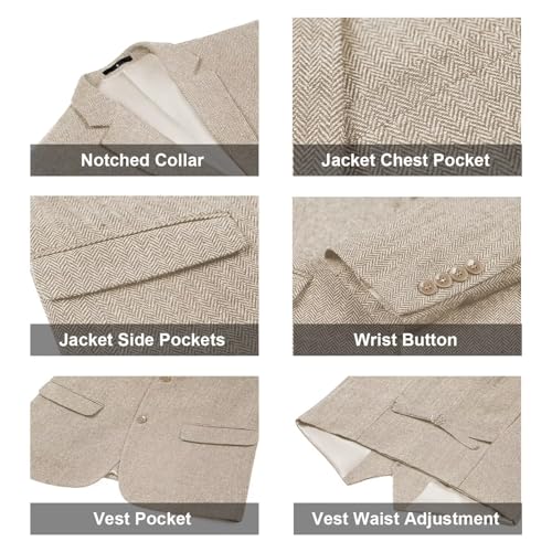 Image of Retro 3 Piece Suit Tweed Herringbone Men's Suits Slim Fit Groom Tuxedos Set Prom Brown Grey Jacket Blazer Vest Pants