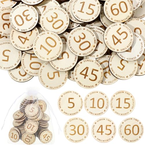 Weysat 100 Pcs Wooden Reward Tokens Bulk Screen Time Tokens with Organza Bags Behavior Incentives Coins for Classroom Home