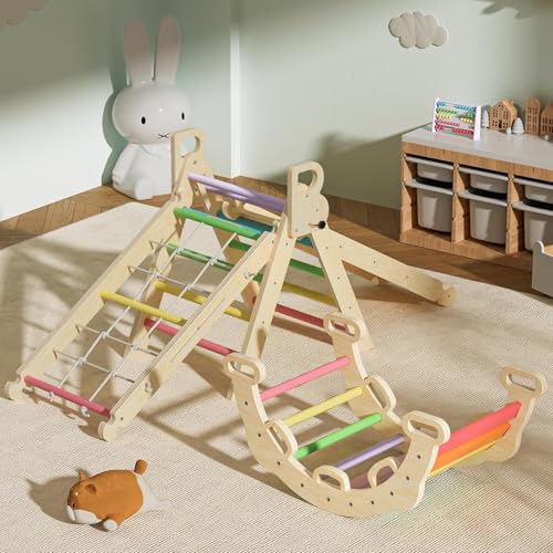 Image of Pikler Triangle Set, Foldable Baby Climbing Wooden Toys with Arch & Ramp & Ladder Climber Indoor Jungle Gyms Ideal for Toddlers Kids