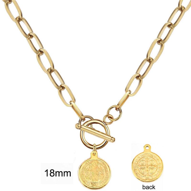 925 Sterling Silver Toggle Necklaces Women Men, 14k Yellow Gold Unisex Thick Chain Toggle Necklace - Saint St Benedict Coin Toggle Charm, OT Buckle Toggle Clasp For Christmas Birthday Gifts3