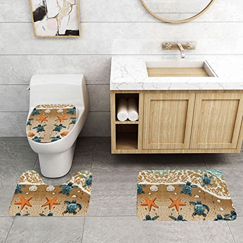 DEPILA Badezimmer 3-teiliges Badezimmerteppich-Set mit Schildkröten am Strand, 3-teiliges Badezimmerteppich-Set, Badematte + Kontur + Toilettendeckelbezug, rutschfeste Unterlage Sets – Bild 4
