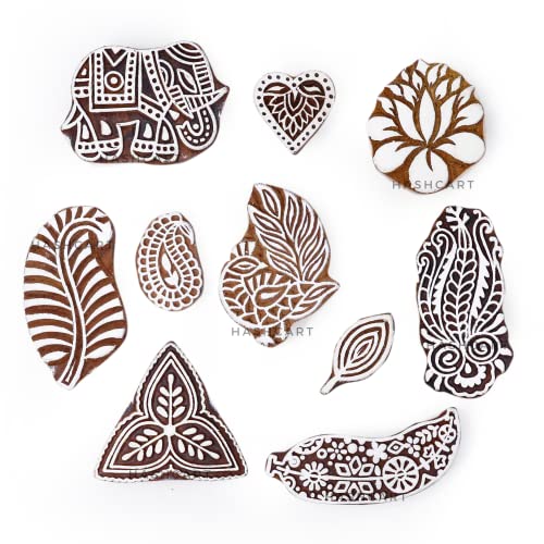 Image of Set of 10 | Wood Stamps Multi Shapes Tree, Floral & Animal Printing Blocks for Scrapbooking | Kids Project | Art Craft | Handmade Stamps for Tattoo Print | Project Making